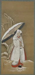 Hiver : une jeune femme marchant dans la neige, période Edo, vers 1772-80